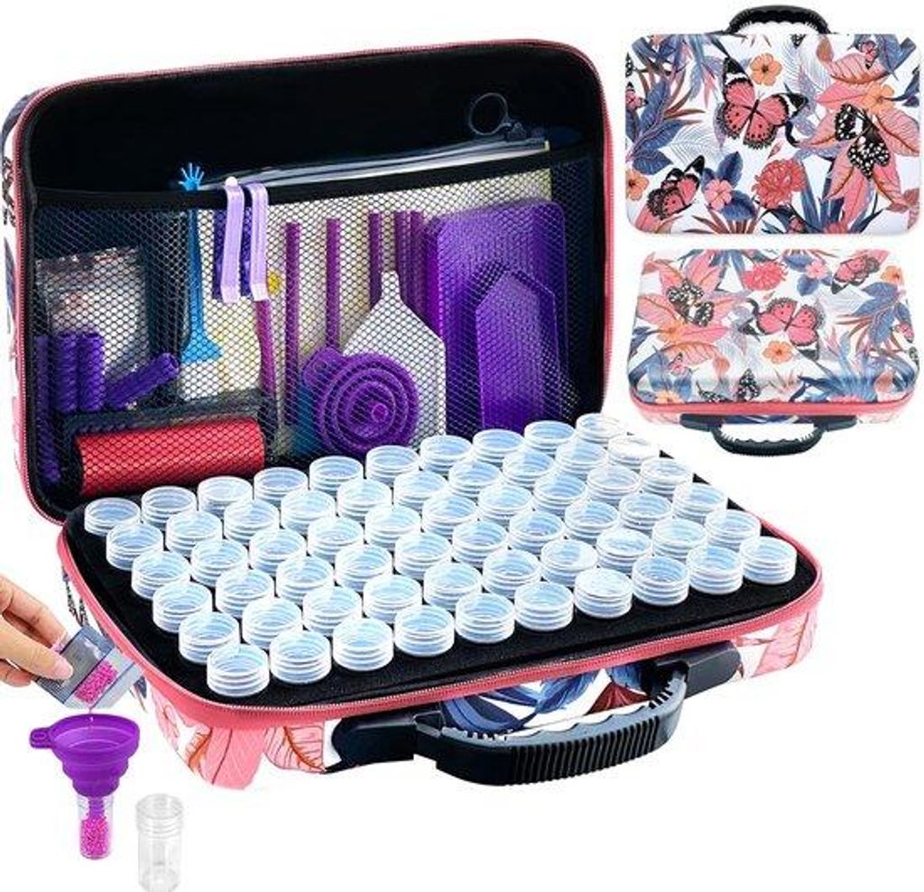 Diamanten-Malerei-Set - 137 Accessoires mit 77 Teilen, Diamant-Sets, Schmetterlings-Container, Kunststoff-Box