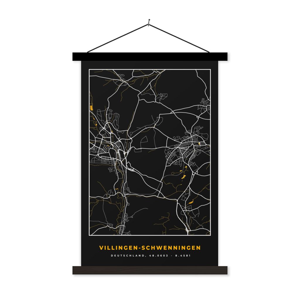 MuchoWow Textilposter Schwarz und Gold - Stadtplan - Villingen Schwenningen - Deutschland - Karte 40x60 cm mit schwarzem Rahmen - Wanddekorationen