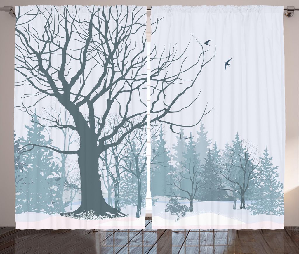 ABAKUHAUS Winter Rustikaler Gardine, Snowy Forest Bäume Vögel, Schlafzimmer Kräuselband Vorhang mit Schlaufen und Haken, 280 x 225 cm, Benzinblau