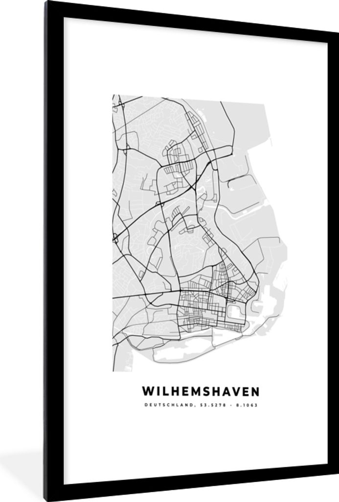 MuchoWow Gerahmtes Poster Stadtplan - Karte - Wilhemshaven - Deutschland 60x90 cm - Poster mit Schwarzem Bilderrahmen Wandposter Rahmen Foto Bild...