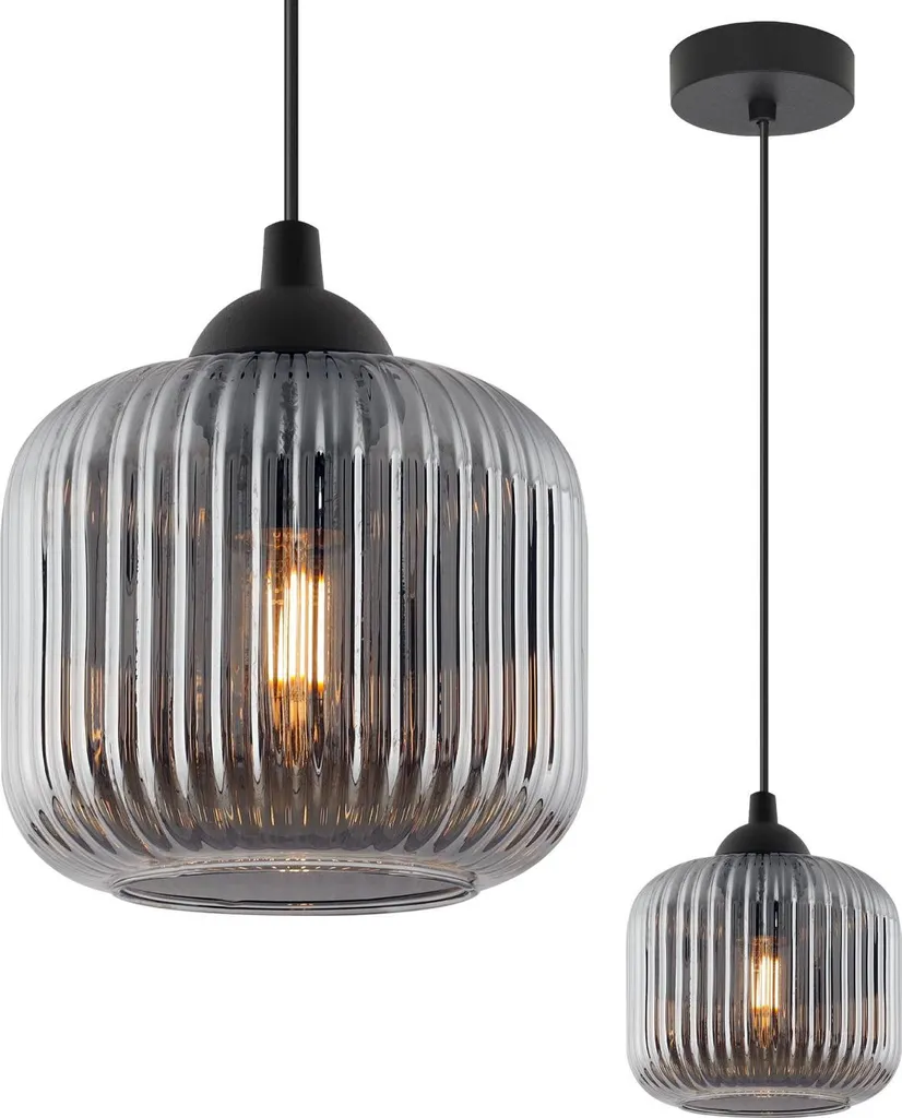 Suspension cylindre en verre gris RIFFLE et monture noire mate E27