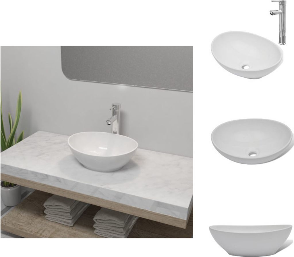 vidaXL Bad-Waschbecken mit Mischbatterie Keramik Oval Weiß - Badezimmer-Waschbecken