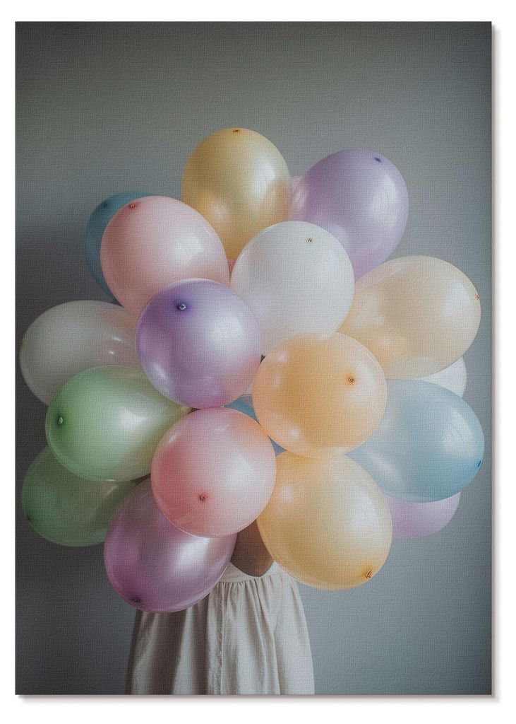 POSTER - 42x59 cm (A2) - Hidden Frame - Pastellfarbene Ballons auf grauem Hintergrund - Wandbild für Wohnzimmer Schlafzimmer & Flur, Modernes Post...