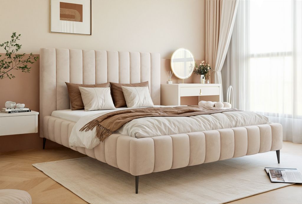 Besilio Möbel - Doppelbett 120x200 Tina II Slim Samtstoff - Designer-Bett mit Lattenrost, Kopfteil & Bettkasten - Beige & Velluto 02