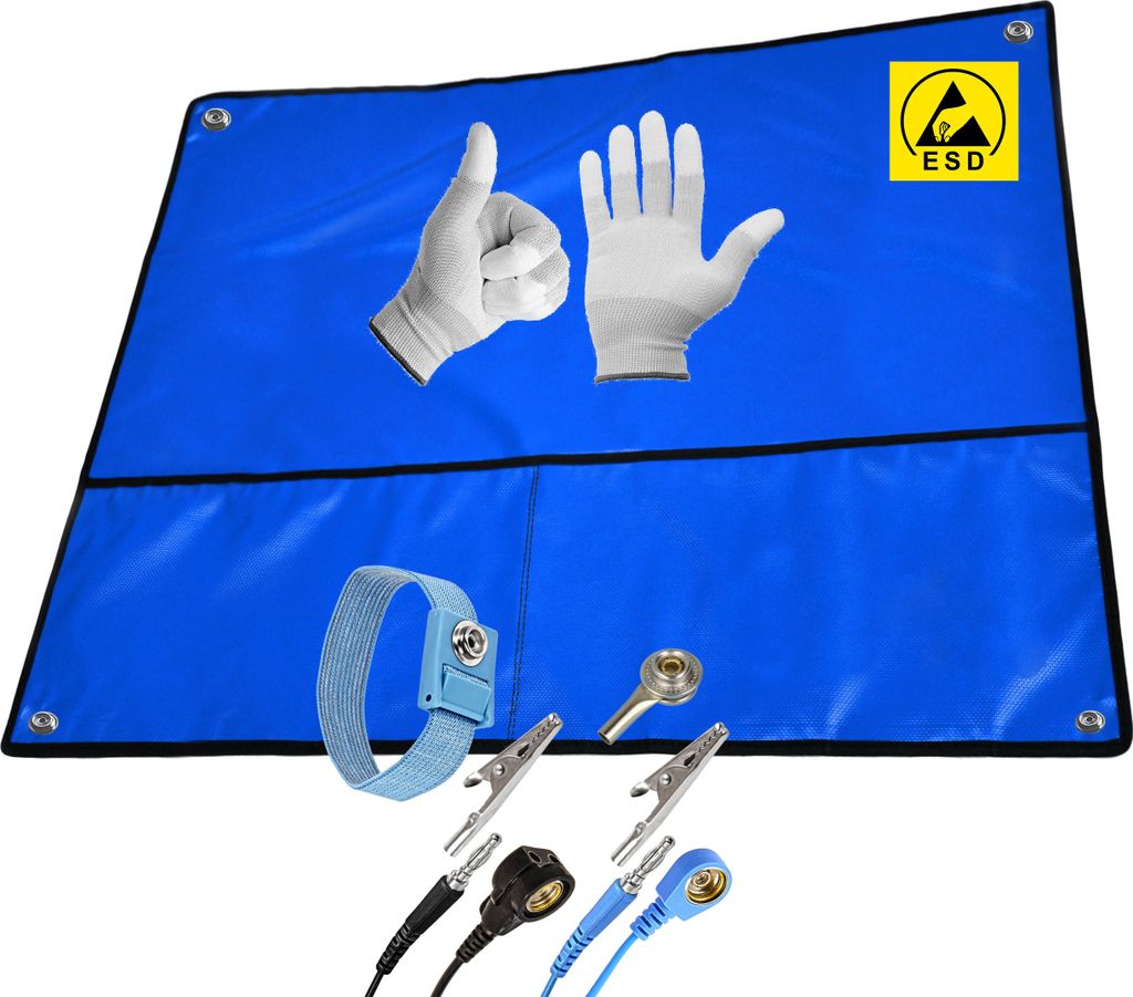 Minadax 80×60 cm ESD SET Antistatische Arbeitsmatte Tischmatte Unterlage | Tragbar & Faltbar + Manschette + Erdungskabel + ESD Handschuhe - Schutz...