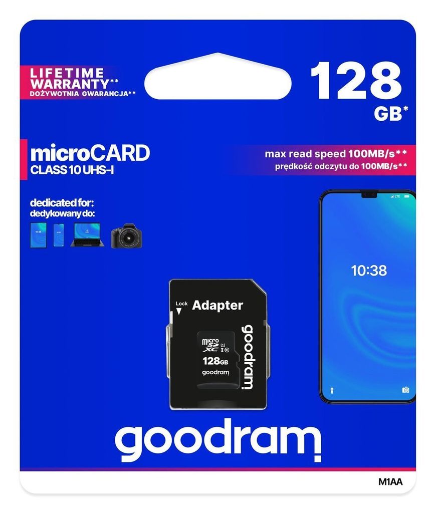 Goodram M1AA, 128 GB, MicroSDXC, Klasa 10, UHS-I, 100 MB/s, Zdjęcie produktu 