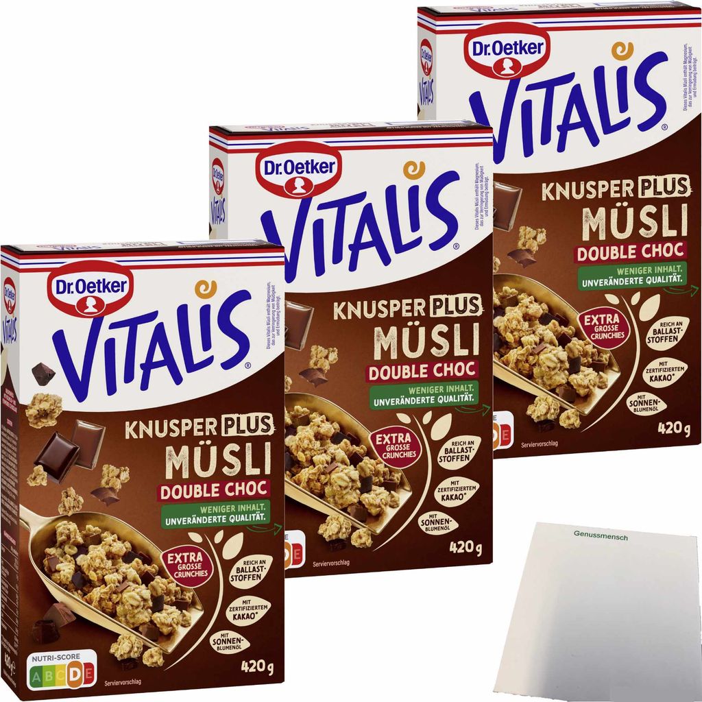 Dr.Oetker Vitalis Knusper Plus Müsli Double Choc 3er Pack (3x420g Packung) + usy Block