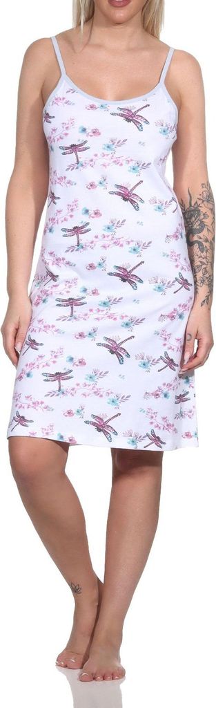 Normann Damen kurzarm Nachthemd in floralem Schmetterlings Print und mit Knopfleiste ; weiss , 60