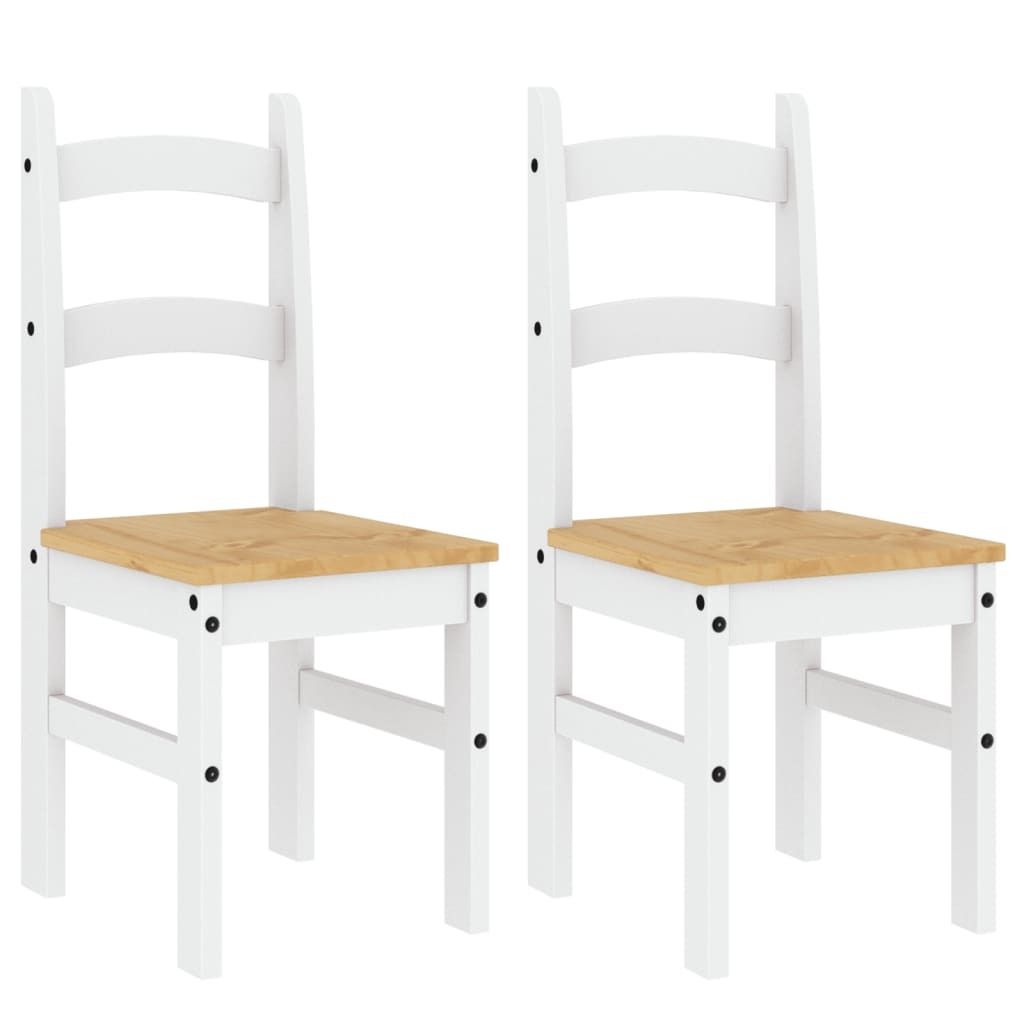 Two white and wood chairs are shown against a white background.