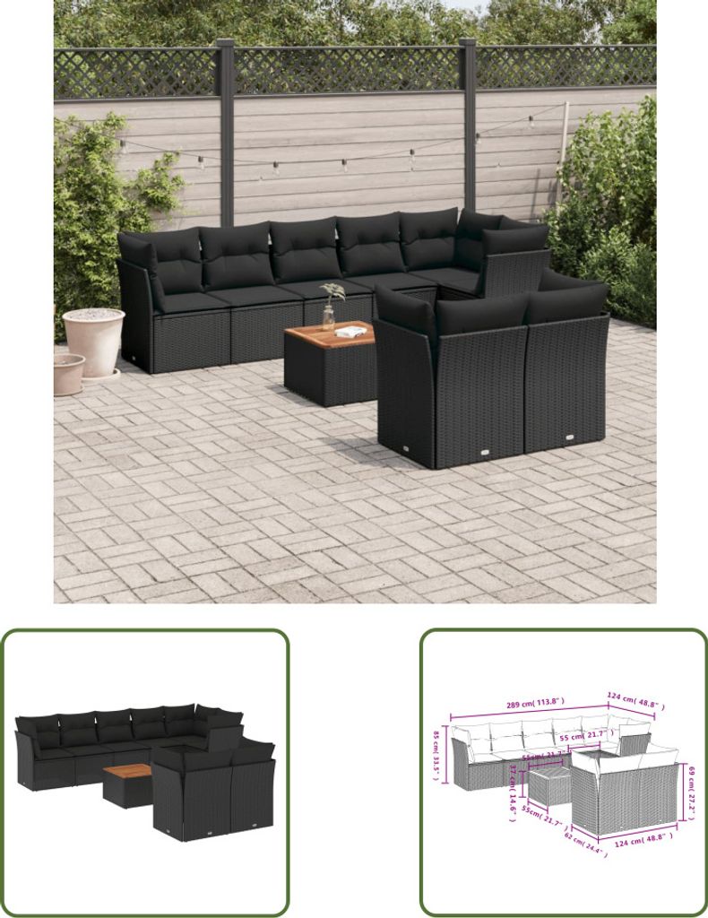 The Living Store 9-tlg. Garten-Sofagarnitur mit Kissen Schwarz Poly Rattan
