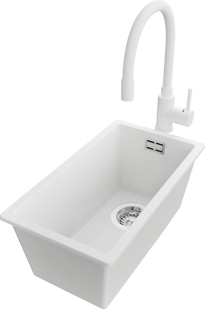 PRIMAGRAN Granitspüle Weiß 26x47cm, Spülbecken 1 Becken + Küchenarmatur 38x14cm + Ablauf-Set, Küchenspüle ab 30er Unterschrank - London Slim