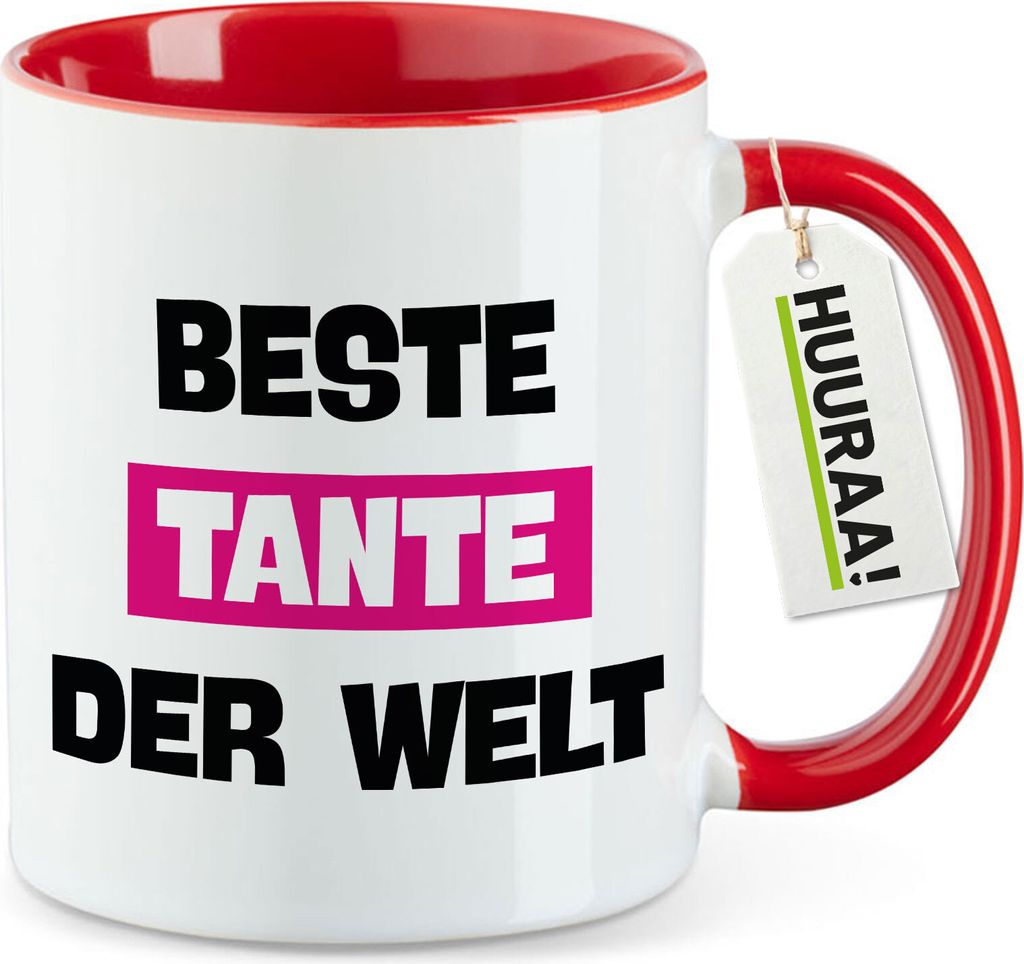 Huuraa Kaffeetasse Beste Tante der Welt 330ml Rot Keramik Kaffeebecher Geschenkidee