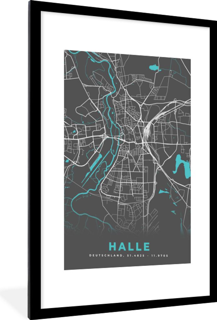 MuchoWow Gerahmtes Poster Stadtplan - Deutschland - Blau - Halle - Karte 60x90 cm - Poster mit Schwarzem Bilderrahmen Wandposter Rahmen Foto Bild...