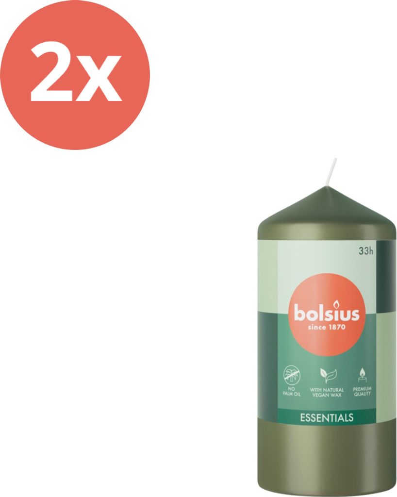 Bolsius - Stumpenkerze - Essentials - 120/58 - 1 Stück pro Packung - Frische Olive - Vorteilspack - 2 Stücke