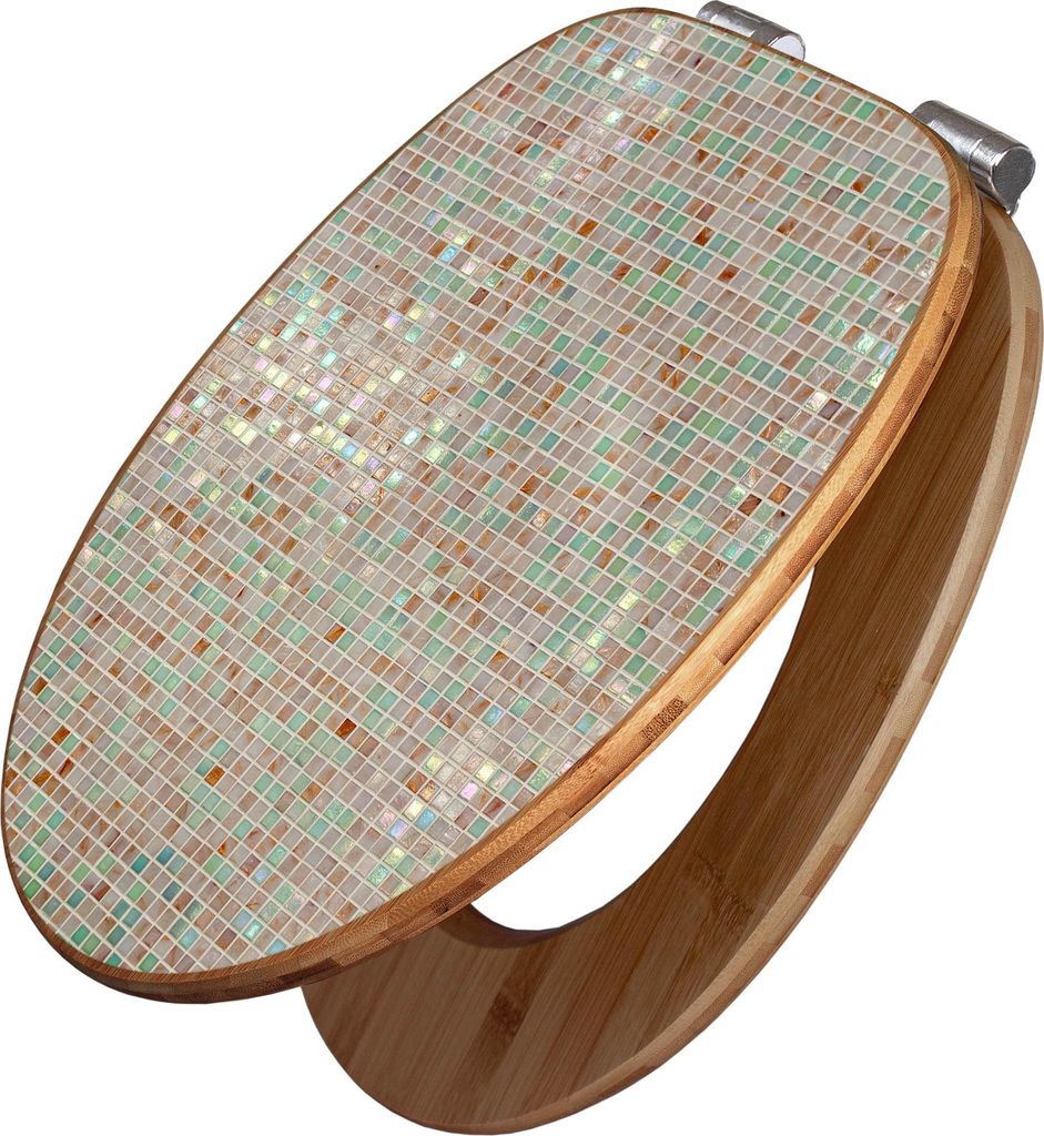 banjado Design WC Sitz Bambus Absenkautomatik -Grüne Fliesen - Toilettendeckel mit Absenkautomatik Holz/hochwertiger Bambus Klodeckel/WC-Sitz für...