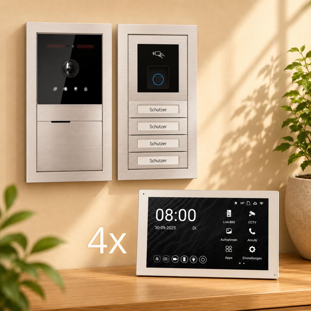 BALTER EVO HD PRO Premium Komplettsystem Unterputz für 4 Familien mit 4x 7 Zoll WLAN Monitor Weiß & Full-HD Kamera aus Edelstahl mit RFID Zutritt...