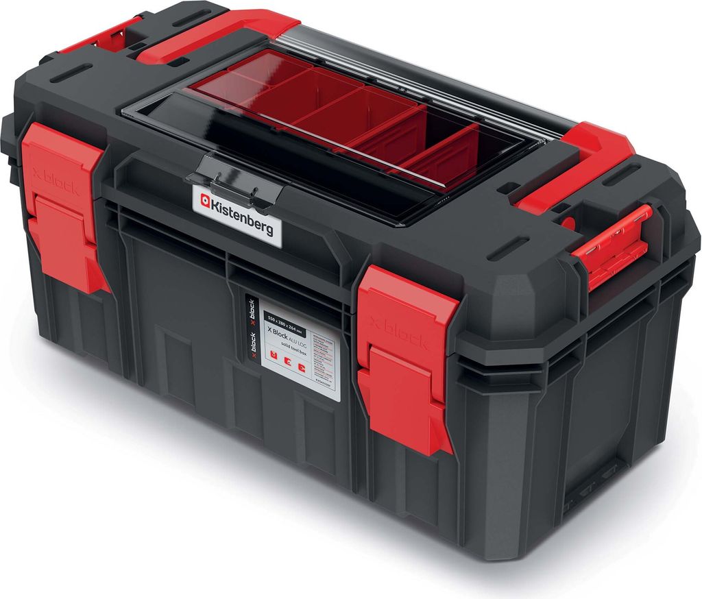 A black and red toolbox with a transparent lid showing compartments.