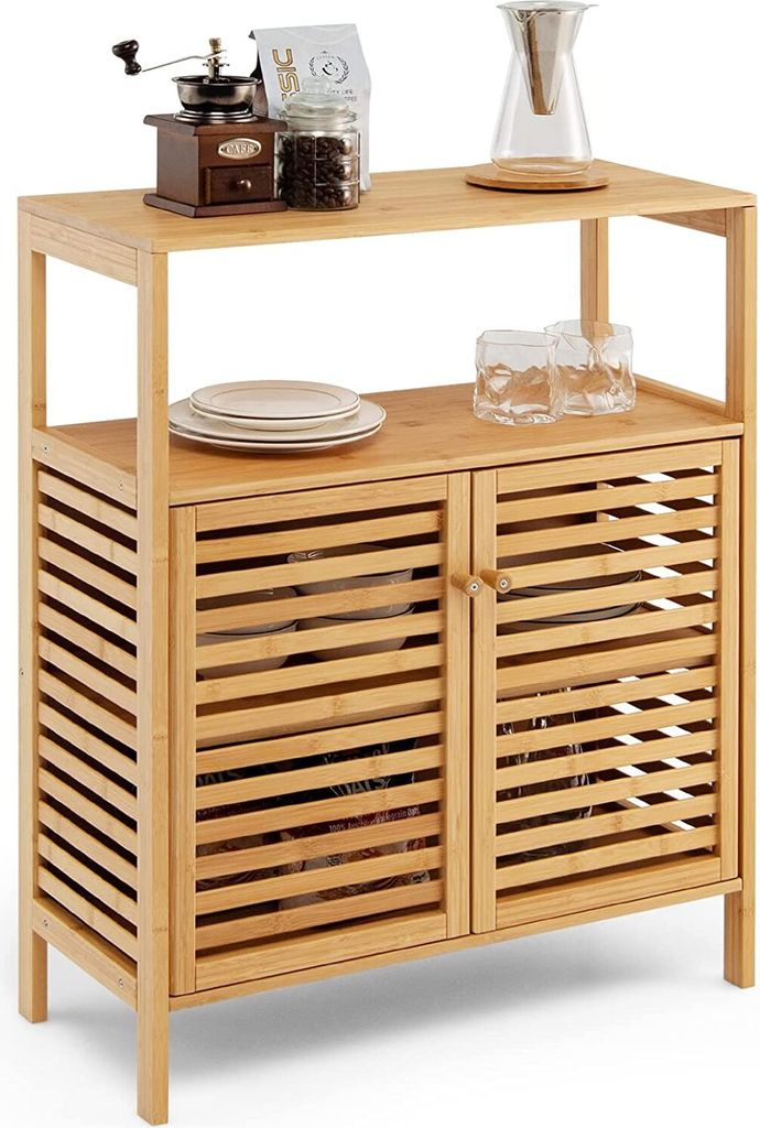 GOPLUS Bambus Badezimmerschrank mit Türen und Regalen, freistehend Unterschrank mit Lamellentüren, abnehmbares Regal, seitlicher Aufbewahrungssch...