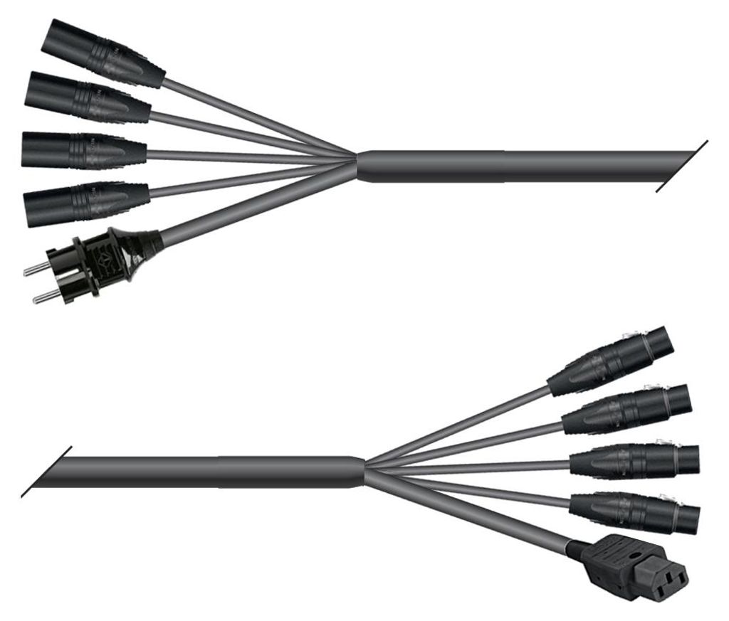 AES / EBU, DMX & Power Looms | 4x XLR 5-pol male NEUTRIK | Schuko-Stecker | 4x XLR 5-pol female NEUTRIK | Kaltgerätebuchse | Monolith 1,5mm² | 5,00m