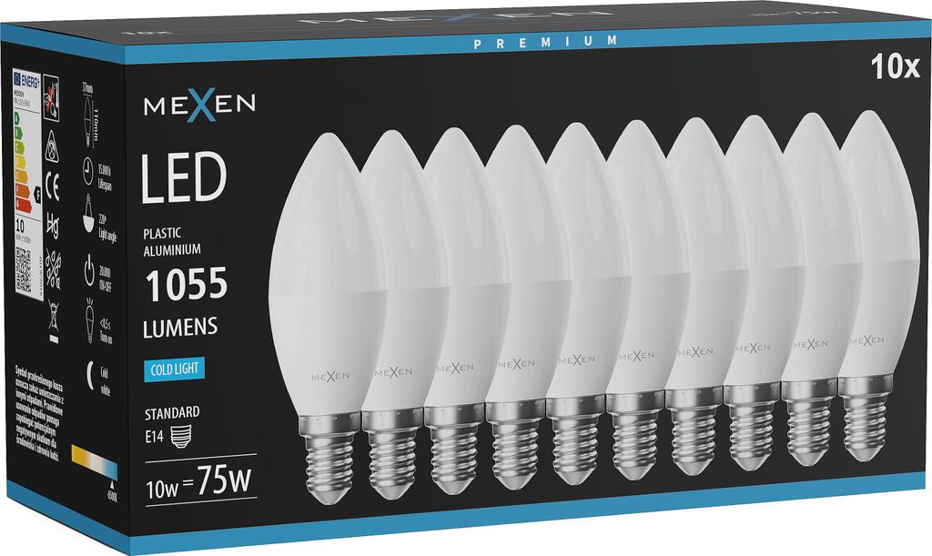 Mexen Nova 10x LED žárovka E14, C37, 10W, Studená - 6500K, Obrázek produktu 