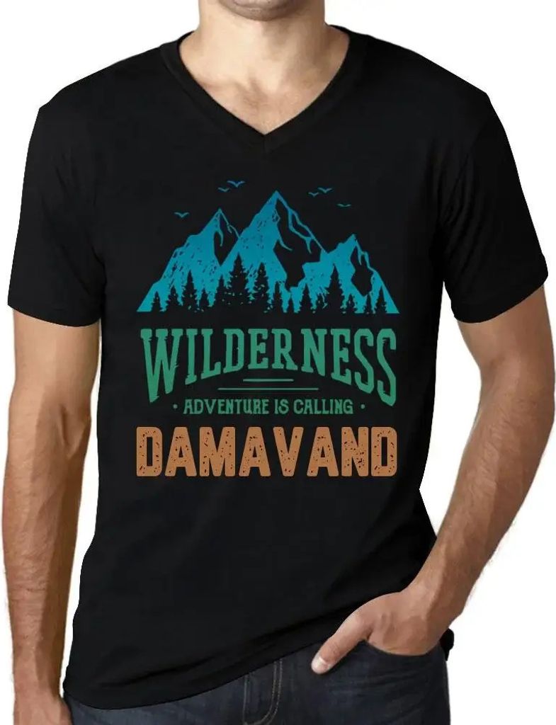 Herren Grafik T-Shirt V-Ausschnitt Wildnis das Abenteuer ruft Damavand – Wilderness, Adventure Is Calling Damavand – Öko-Verantwortlich Vintage