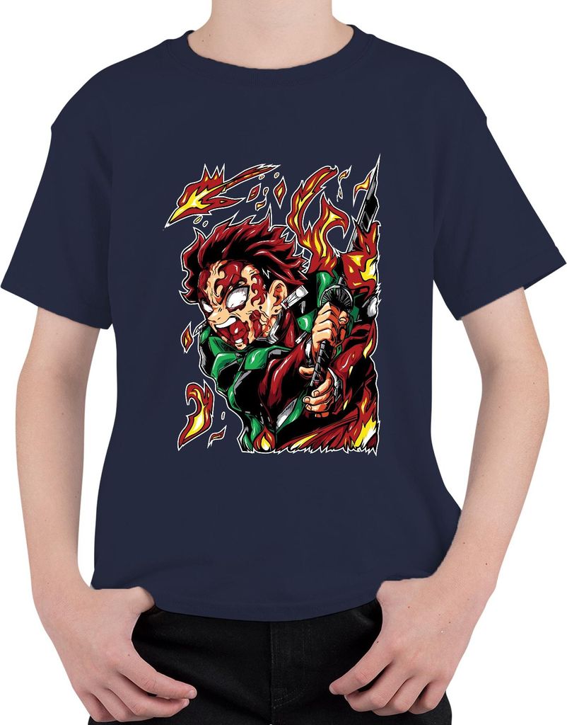 Dämonenjäger Samurai Katana Feuer Anime Geschenk Japan Y2K Streetwear Uni Kinder T-Shirt, Navy, 152