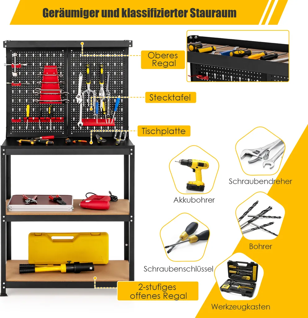 Poste de Travail pour Atelier avec Rangement Mural et Double Étagère