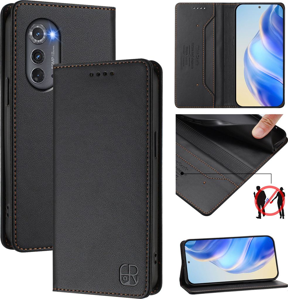 Lederhülle für Motorola Edge 2022 Hülle Flip Brieftasche Kartenfächern Ständer Schutzhülle Schwarz