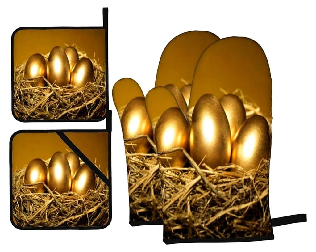 Ofenhandschuhe und Topflappen-Set mit goldenem Eiermuster, 4 Stück, für Backen und Grillen