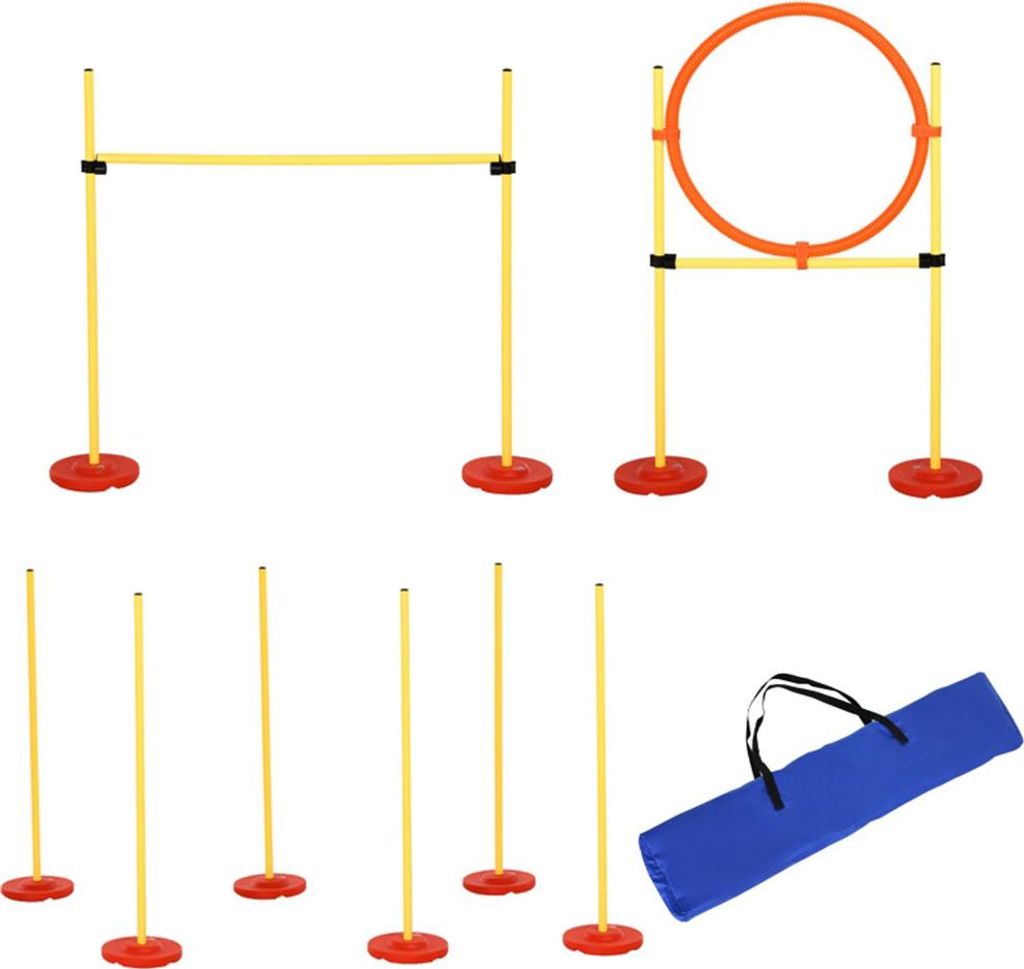 Agility-Hürde 3-in-1 Hürden für Haustiere mit 6 Slalomstangen höhenverstellbar Hürden Sprungreifen und Tragetasche Hunde Agility Set