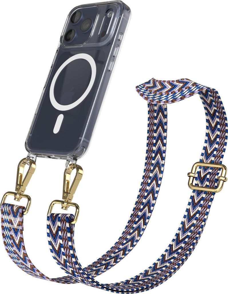 EAZY CASE - Handykette mit MagSafe Hülle für Apple iPhone 17 Pro, Handyband ZigZag Style, Karabiner Gold, Umhängeband in Blau