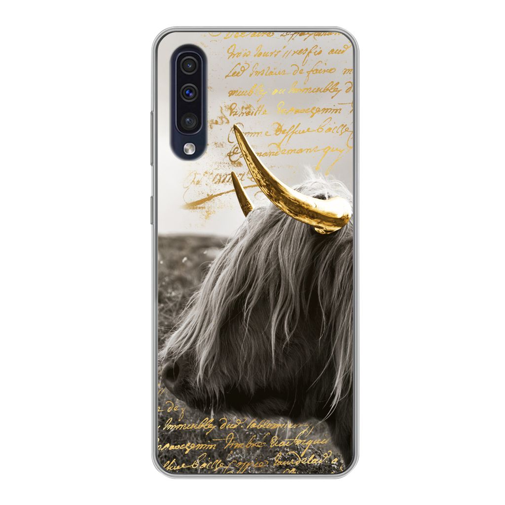 MuchoWow Handyhülle Schutzhülle Hülle für Samsung Galaxy A30s Schottischer Highlander - Gold - Hoorn Silikon Softcase Handy Hülle - Kartenin...