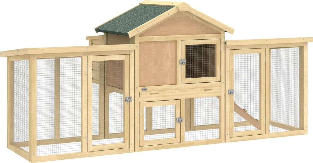 Hühnerstall Hühnerhaus aus Holz mit Nistkasten, wasserdichtem Dach, Sitzstange, Auslauf, Rampe, 204x85x93 cm Naturholz