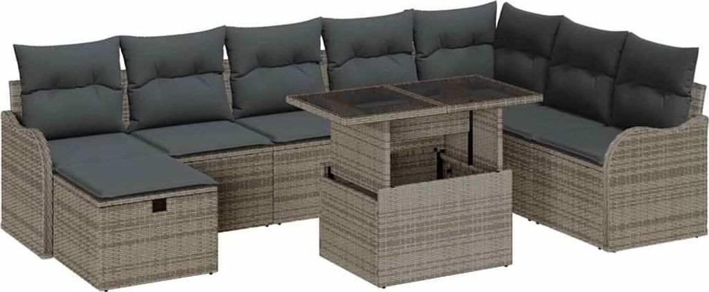 Garten-Sofa-Set mit Kissen mit Speicher 9 pcs Grau Poly Rattan
