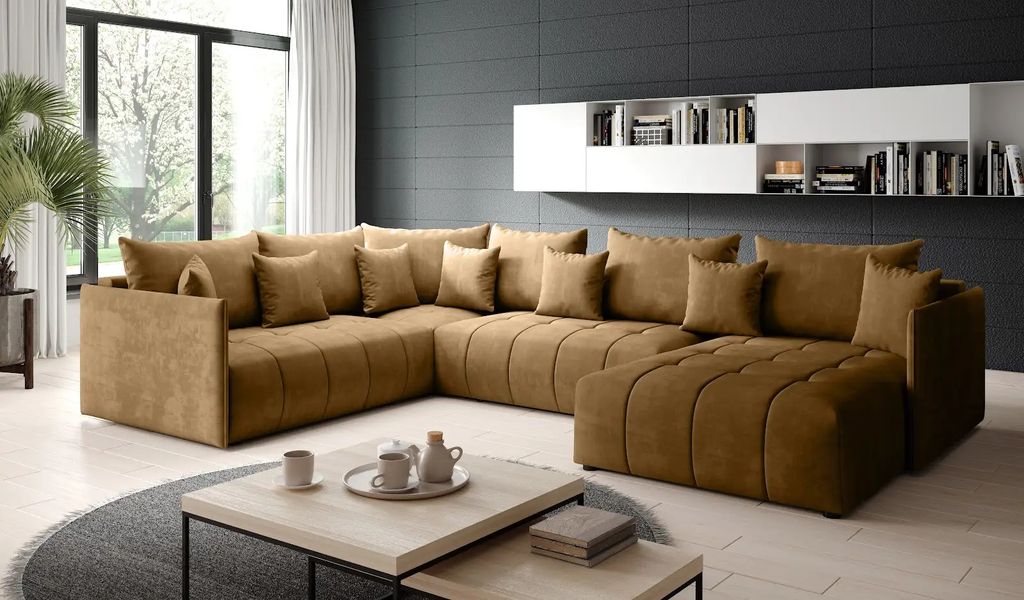 KAJTOS ASPEN BIS Rechts - Ecksofa mit Schlaffunktion - Bettkasten - Rückenkissen - Steppungen & Holzrahmen – 339x239 cm – gelb MONOLITH 48