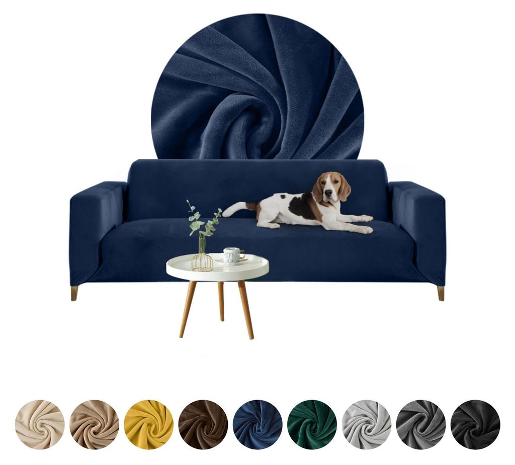Elastischer Velours-Bezug für 3-Sitzer Sofa, Couch oder Schlafsofa in Dunkelblau – Schonbezug