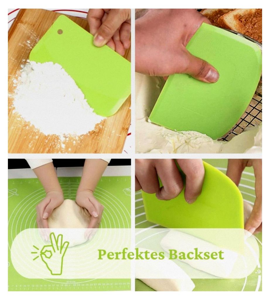 Backmatte und Nudelholz aus Silikon mit Holzgriff für Pizza, Nudelteig, Kekse und Kuchen (Grün mit Teigschneider)