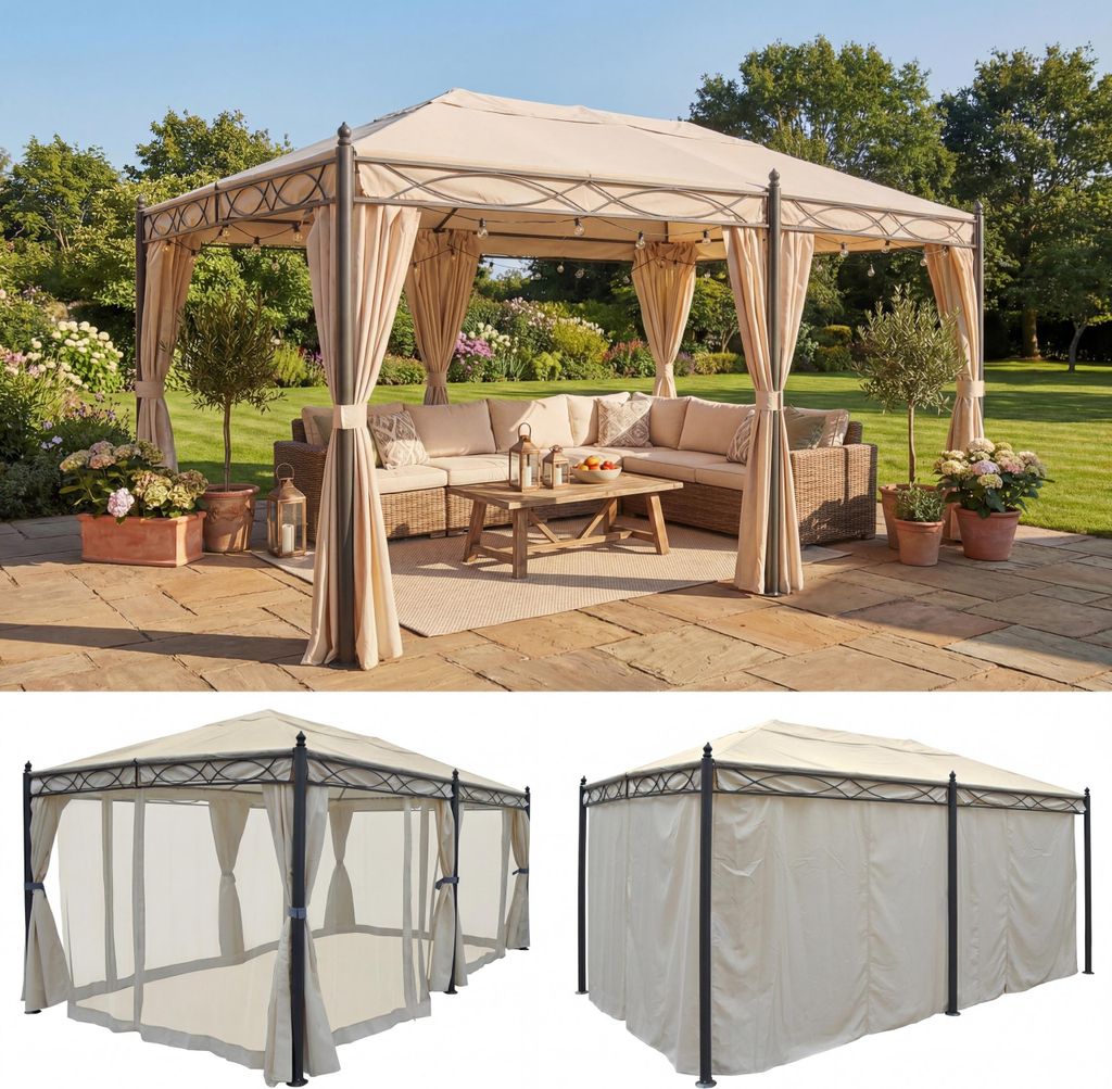 Pergola Calpe, Garten Pavillon, stabiles 7cm-Gestell 5x3m creme mit Seitenwand + Moskitonetz