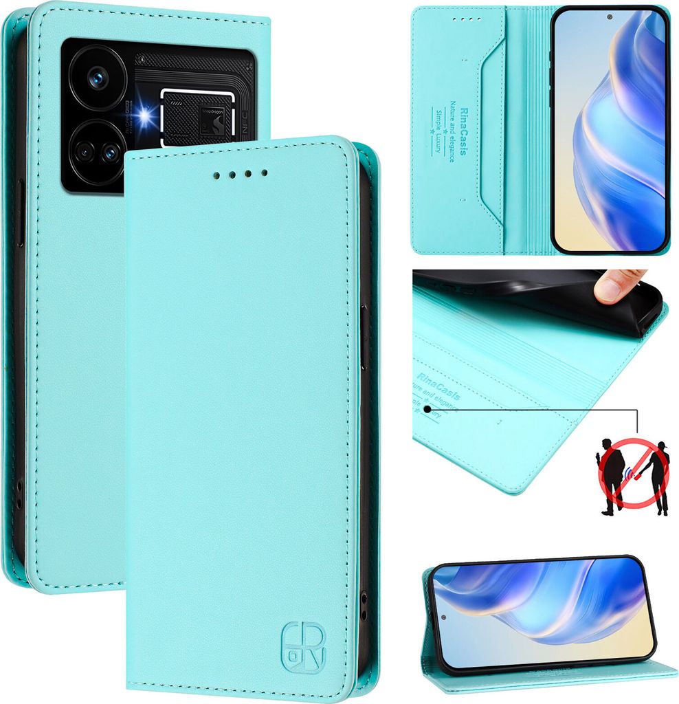 Lederhülle für Realme GT5 204W/Realme GT5 Hülle Flip Brieftasche Kartenfächern Ständer Schutzhülle Türkis