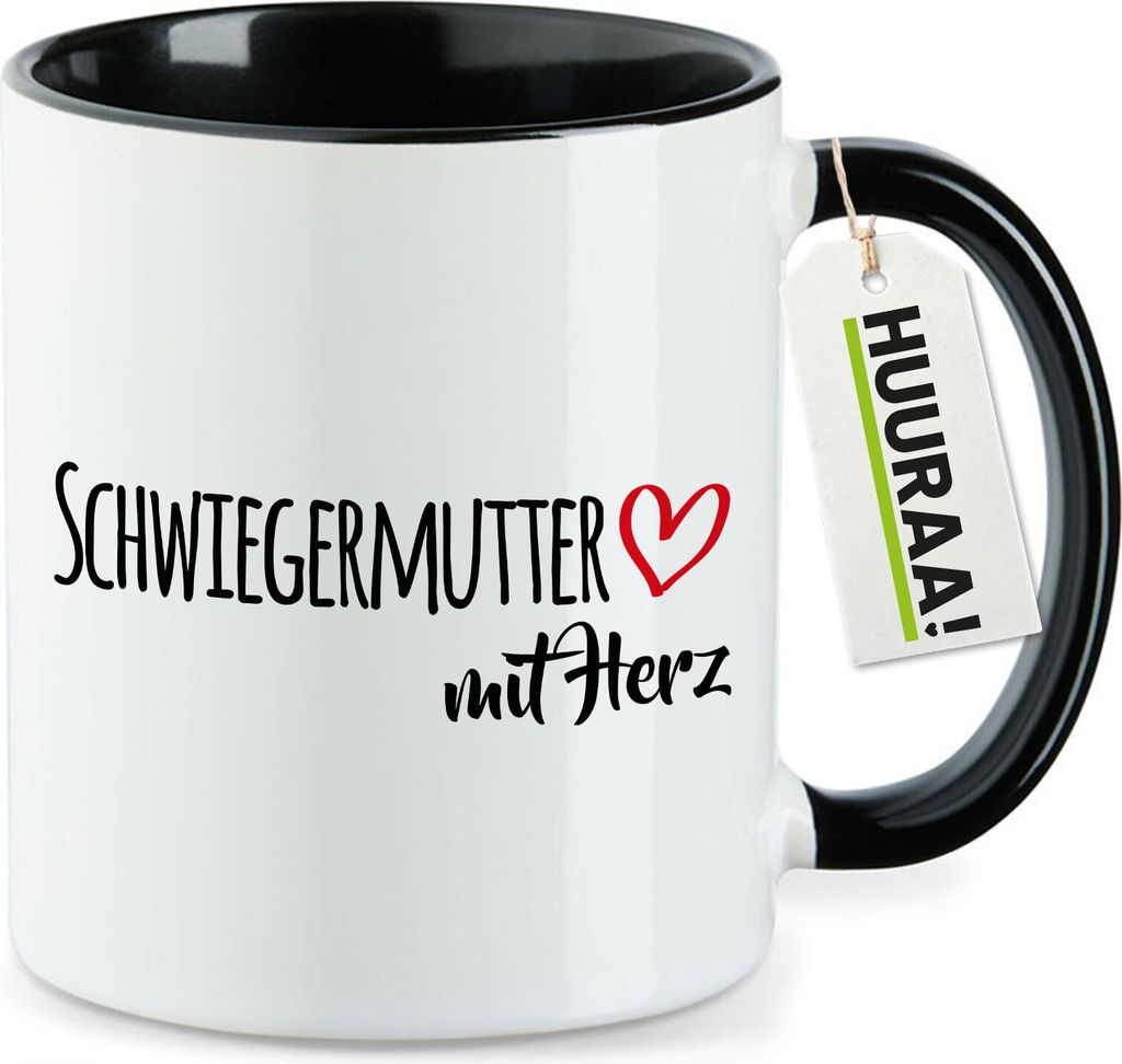 Huuraa Kaffeetasse Schwiegermutter mit Herz 330ml Schwarz Keramik Kaffeebecher Geschenkidee