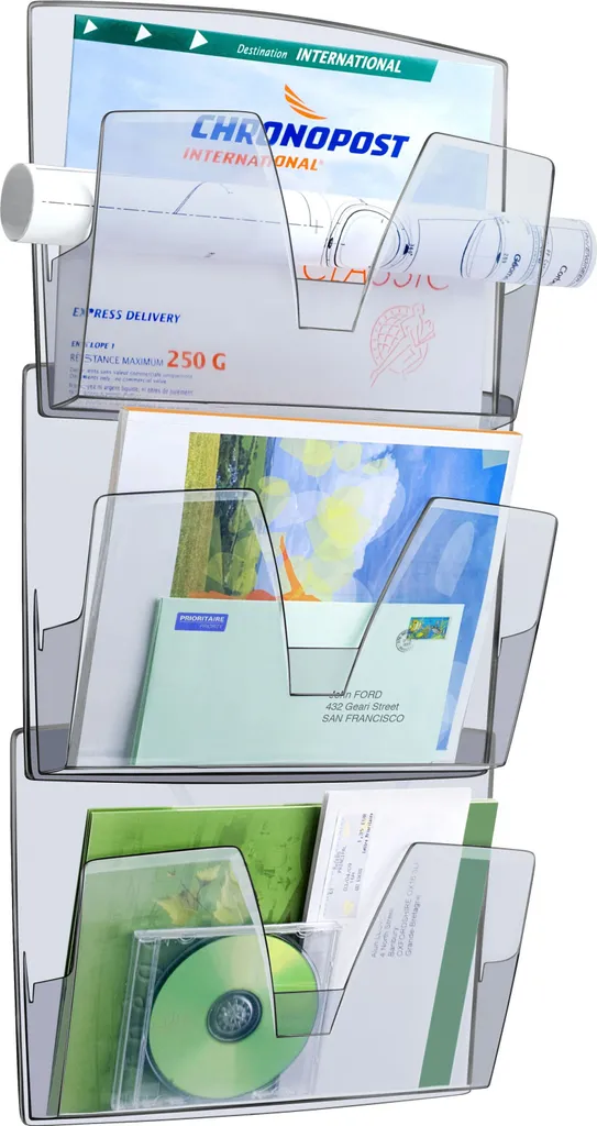Porte-brochures mural gris fumé 3 bacs pour organiser un accueil encombré