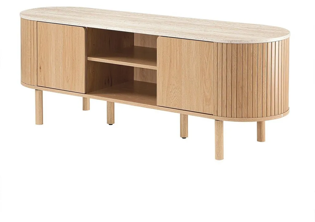Meuble TV Salon 140 cm HELIOS Plateau Travertin Rangement Multimédia