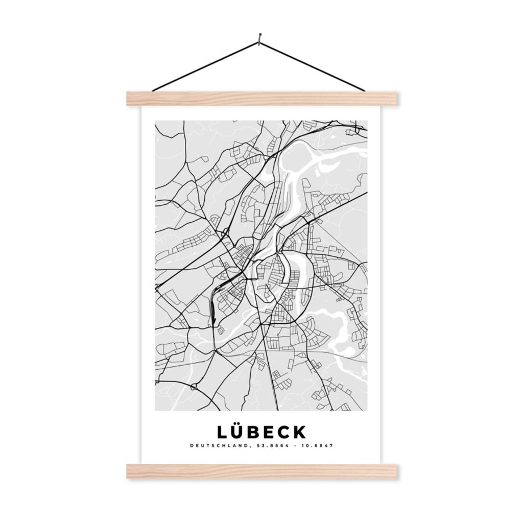 MuchoWow Textilposter Stadtplan - Lübeck - Karte - Deutschland - Grundriss 120x180 cm mit holzfarbenen Rahmen - Textil-Plakat