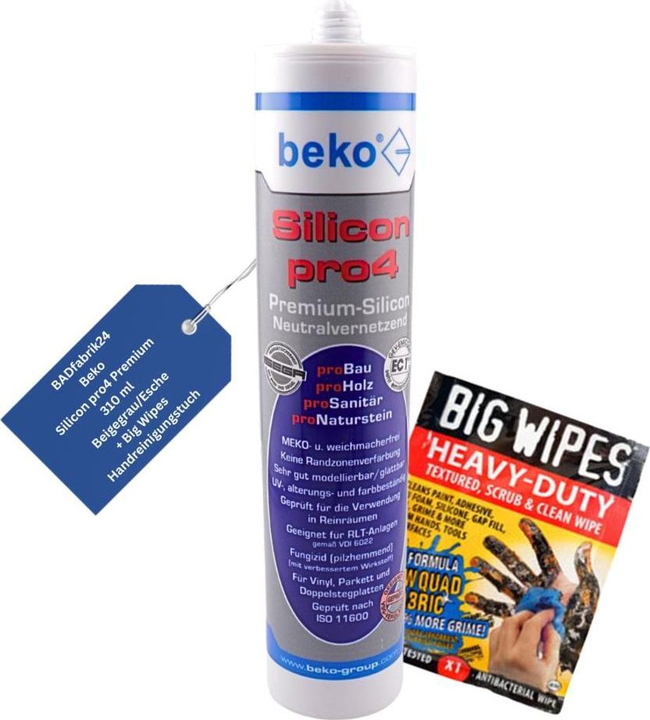 BADfabrik24 Beko Silicon pro4 Premium 310 ml BEIGEGRAU/ESCHE + Big Wipes HandreinigungstuchB
