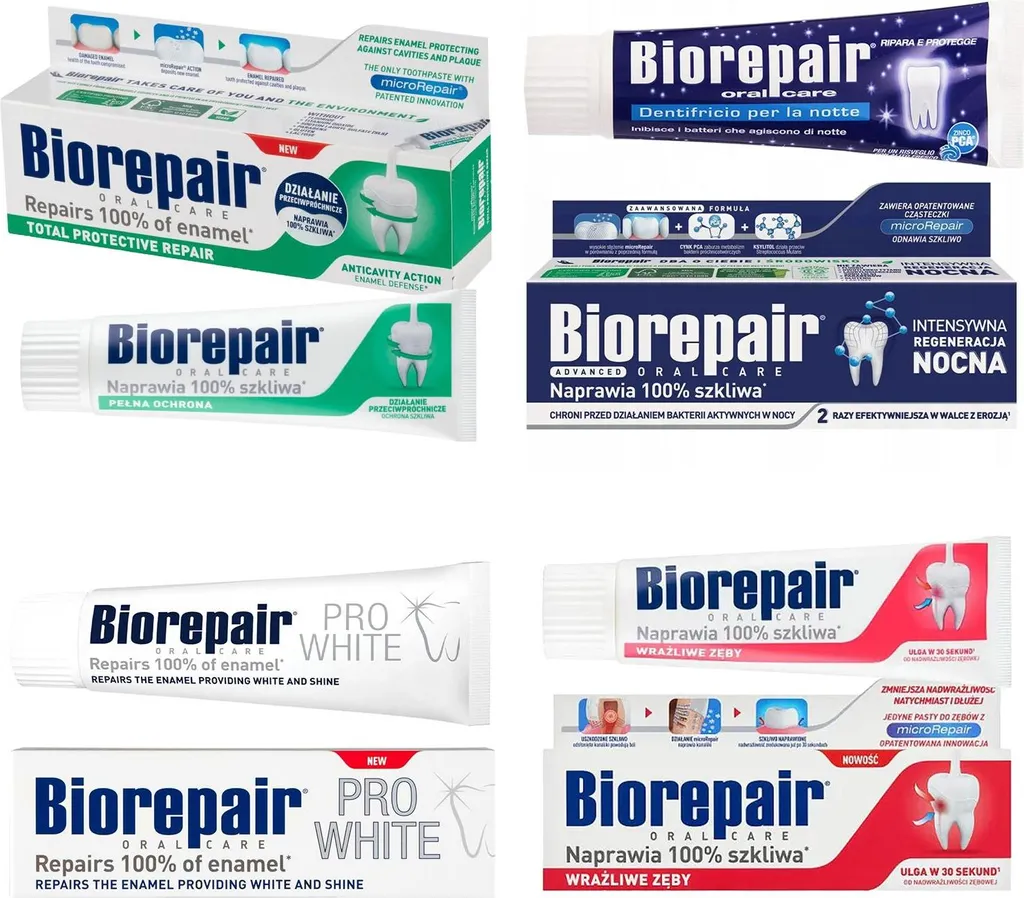 Biorepair 4×75 ml - Set completo di dentifrici: Protezione completa, Denti sensibili, Pro White Whitening, Cura notturna