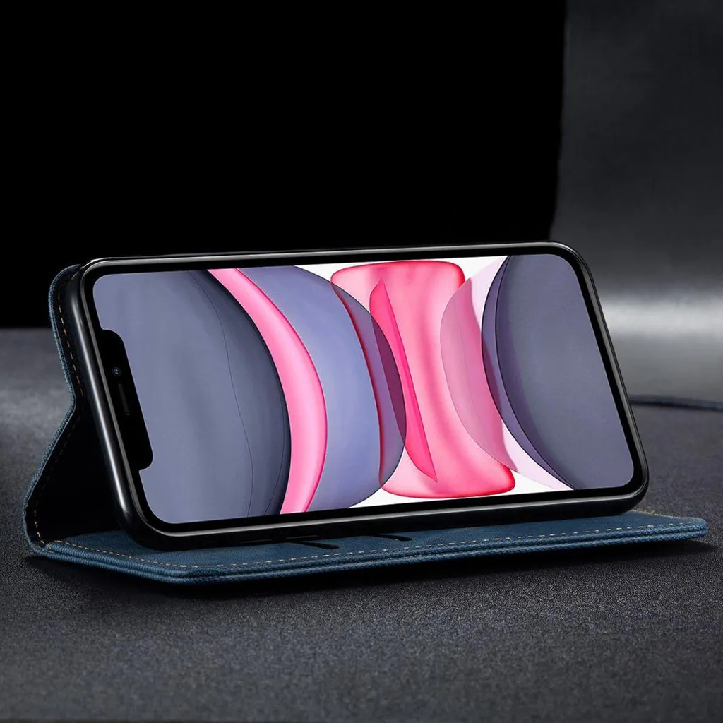 Portafoglio iPhone 11 Blu: Custodia in Pelle con Chiusura Magnetica Stand - 4