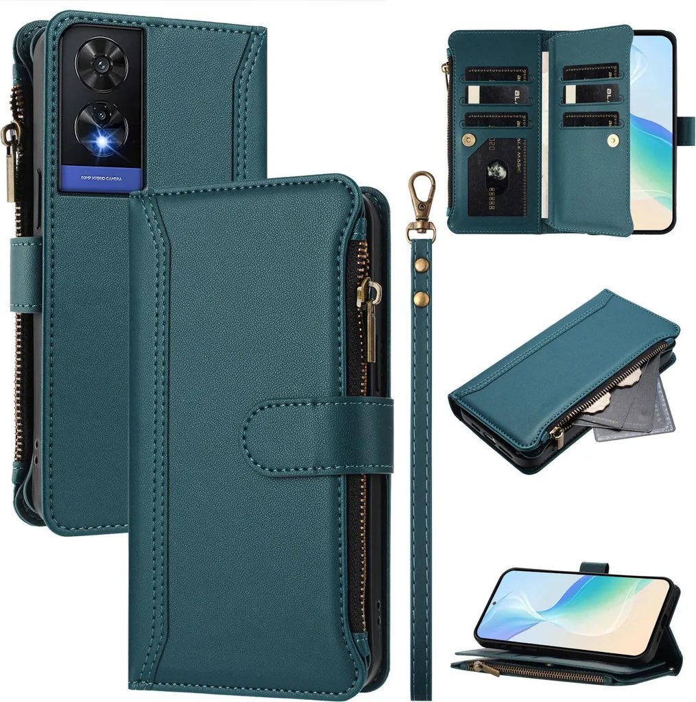 Custodia Antiurto TCL 505: Wallet Case Verde con Cerniera e TPU