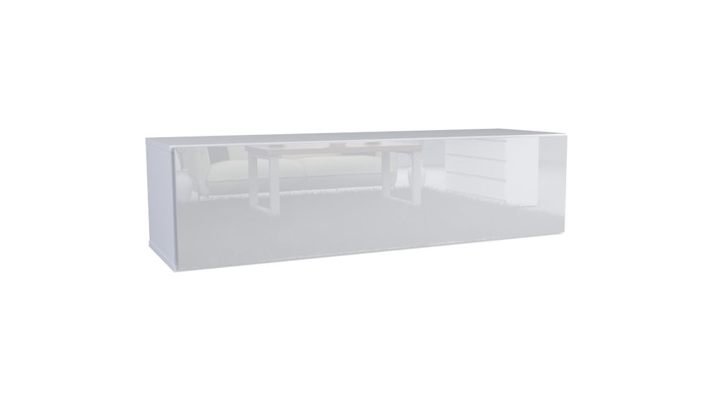 A 3D rendering of a white, wall-mounted TV lowboard.