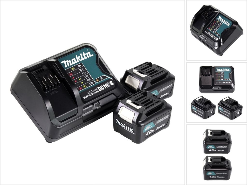 A Makita power source kit with a charger and two batteries is displayed against a white background.