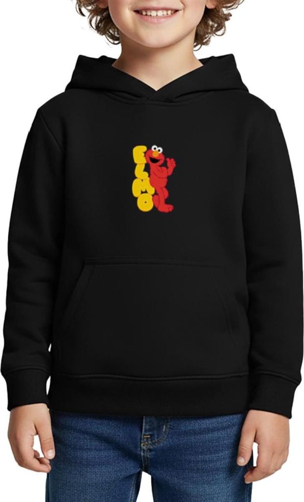 Spreadshirt Sesamstraße Elmo Mit Schriftzug Kinder Premium Hoodie, 134/140 (8 Jahre), Schwarz